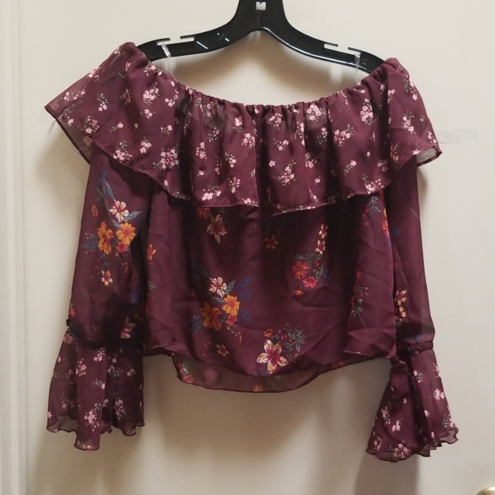 Polly & Easter | Floral Sheer off the shoulder Bell Sleeve cropped top
